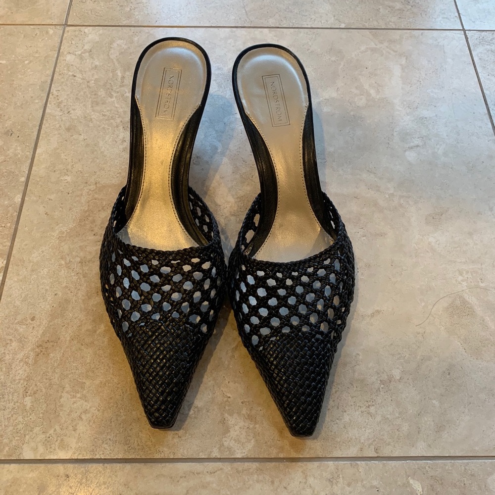 Black Leather Woven Heels